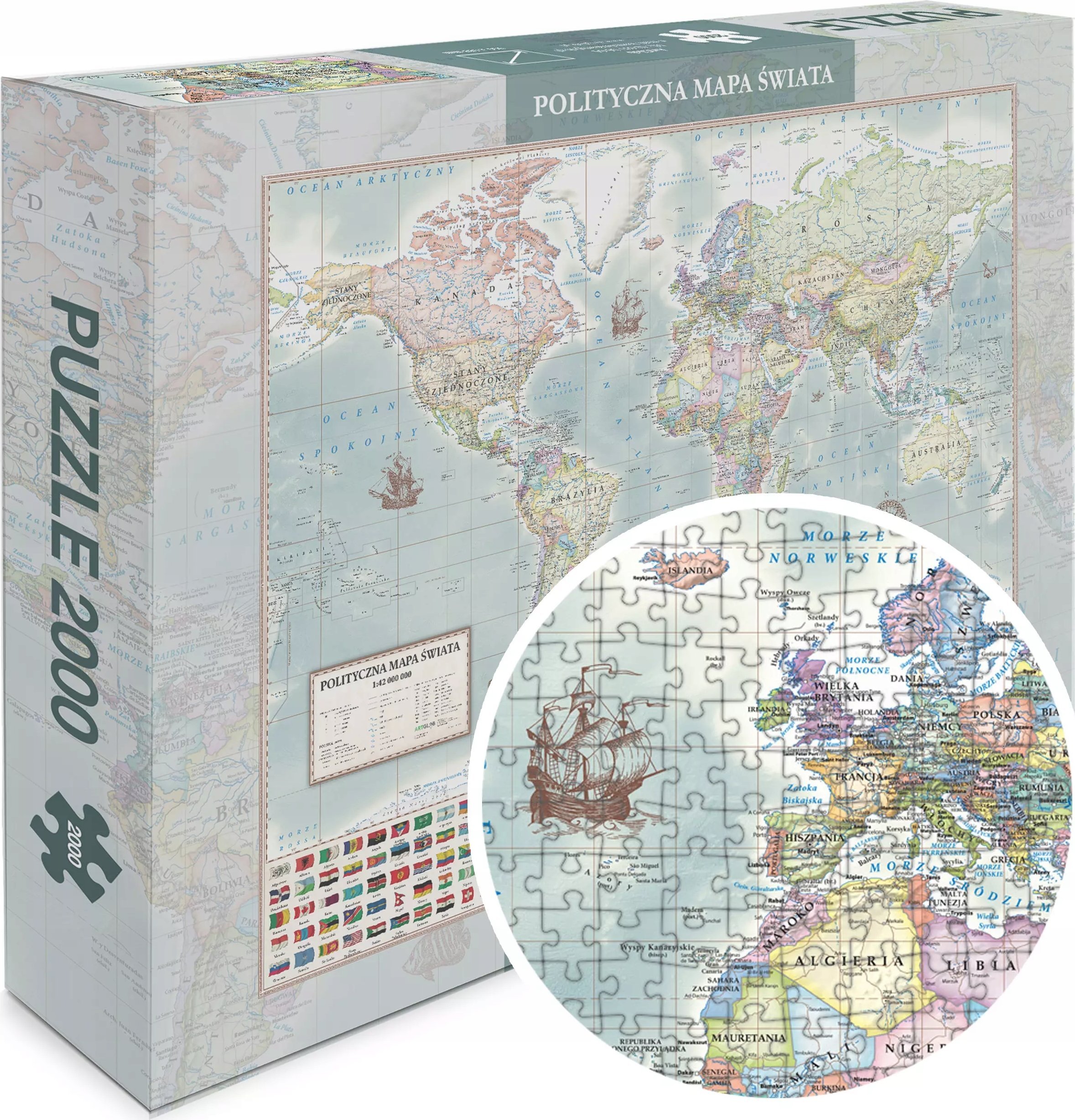 Puzzle No Name 2000, harta politike e botës, 2000 copë, shumëngjyrëshe