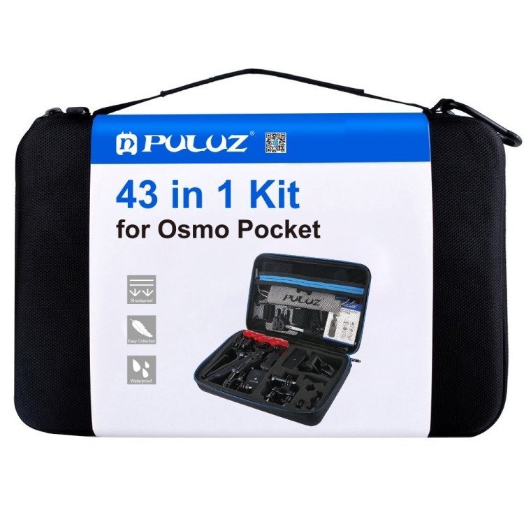 Set aksesorësh Puluz 43 në 1, për DJI Osmo Pocket dhe GoPro, me kuti transporti, i zi