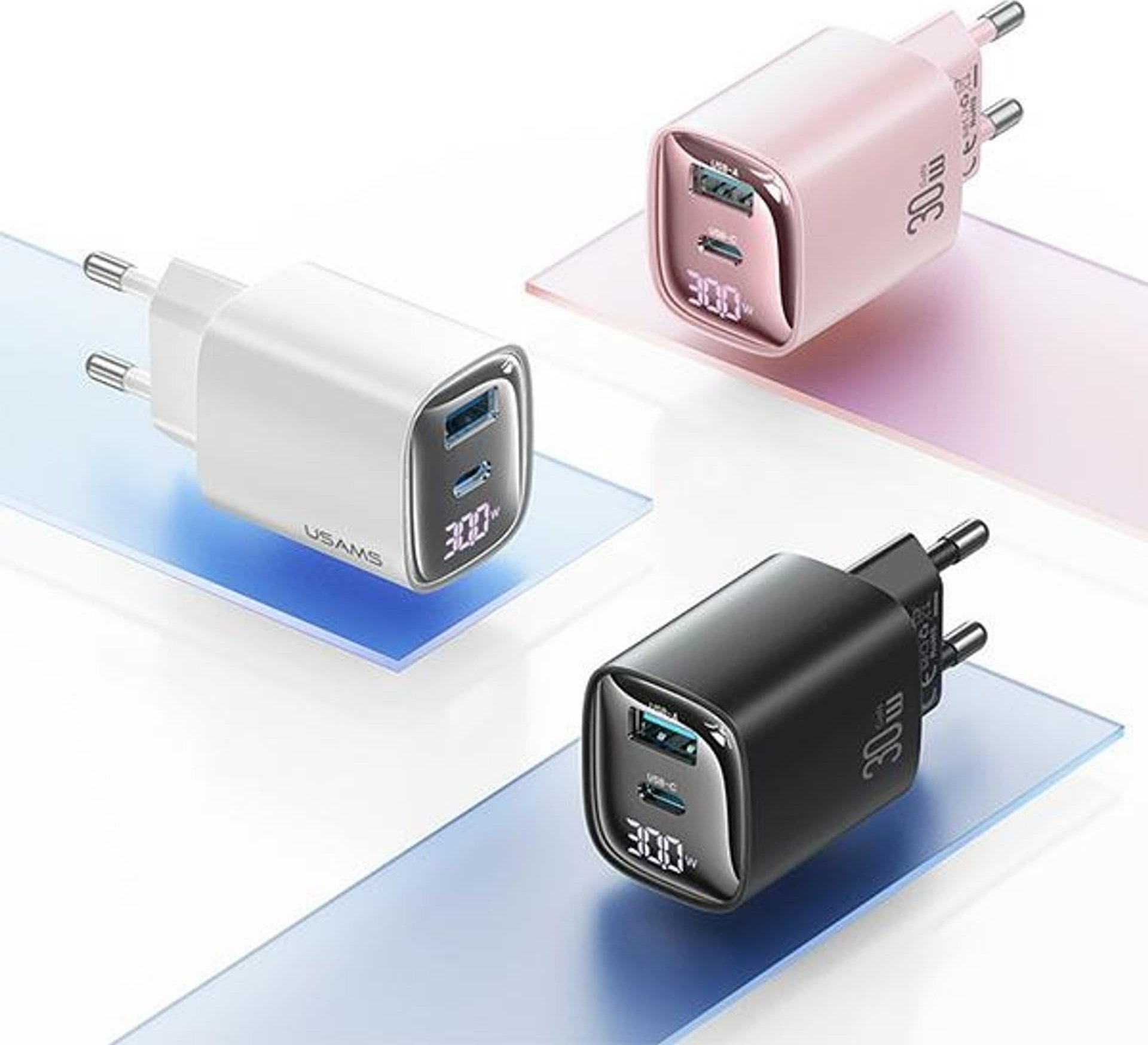 Karikues AC Usams CC229, 30W GaN, USB dhe USB C, i bardhë