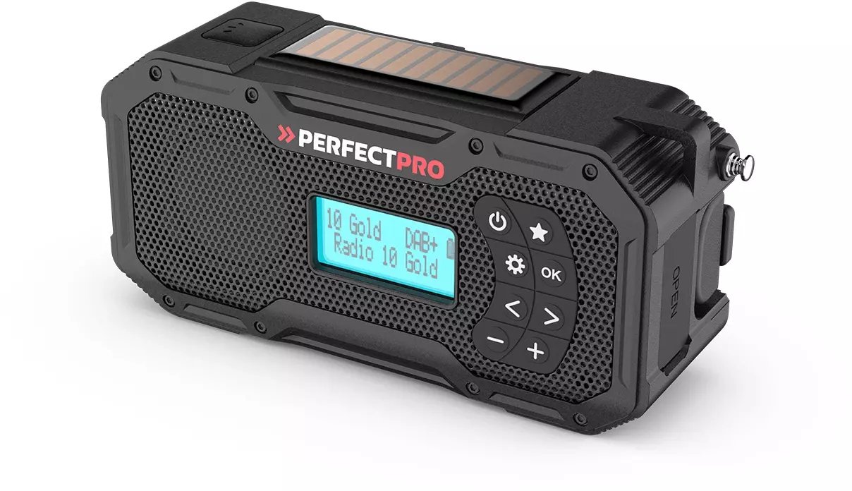 Radio portative PerfectPro E-100 Emergency, DAB+, panel diellor, e zezë