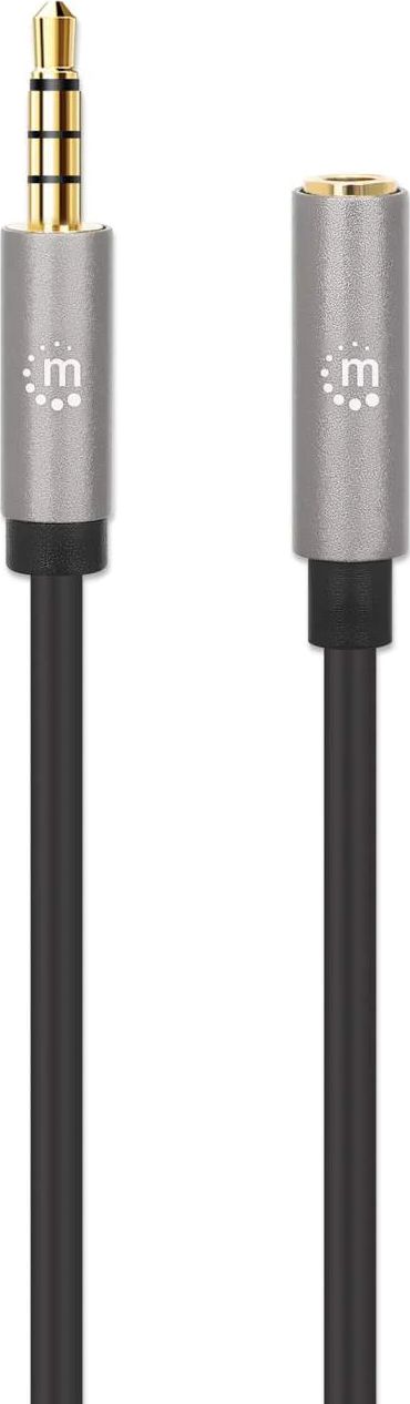 Аудио кабел Manhattan 3.5mm, 3m, продолжувач машки-женски, црно-сребрен