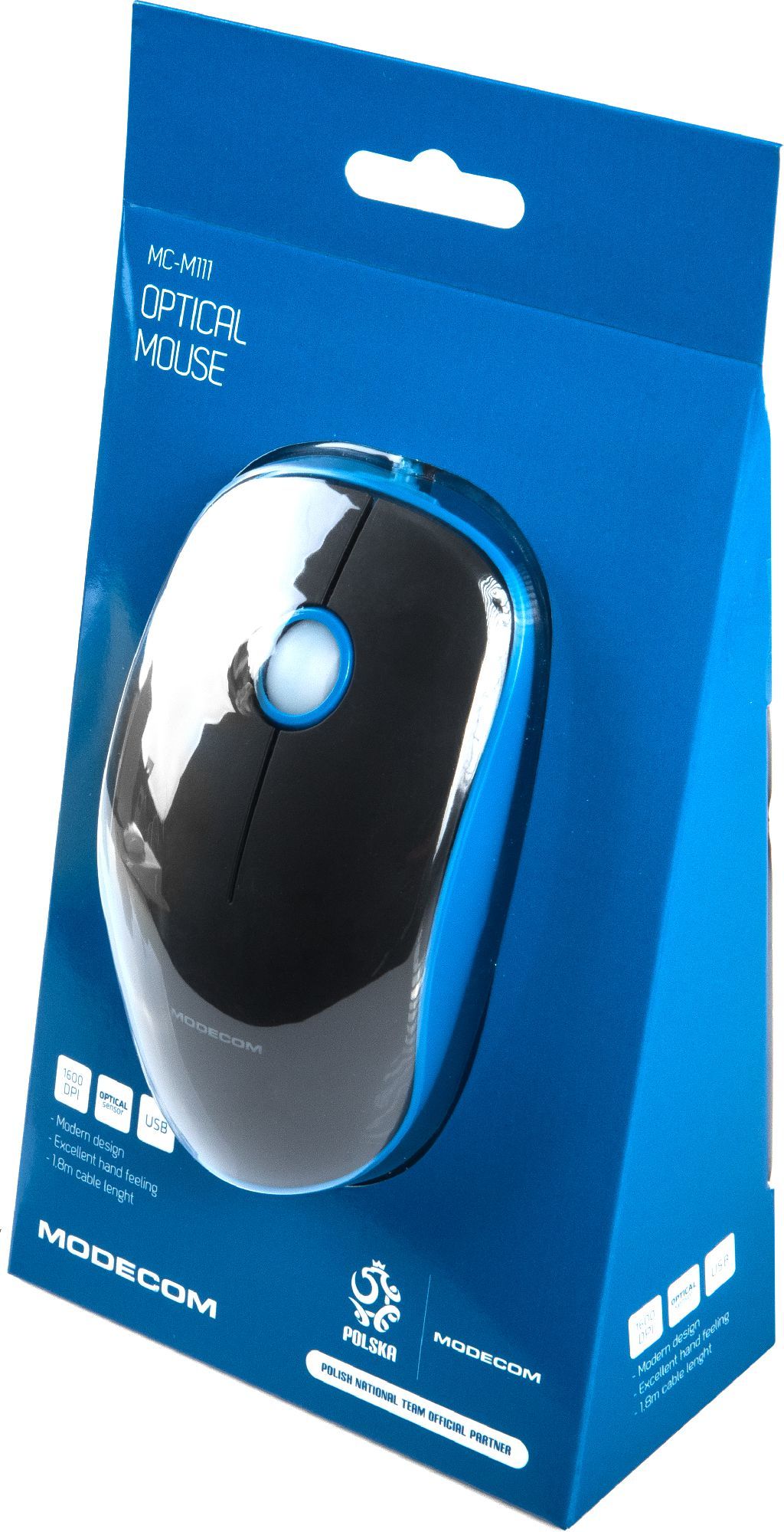 Maus Modecom M111, me kabllo, USB, i zi dhe i kaltërt