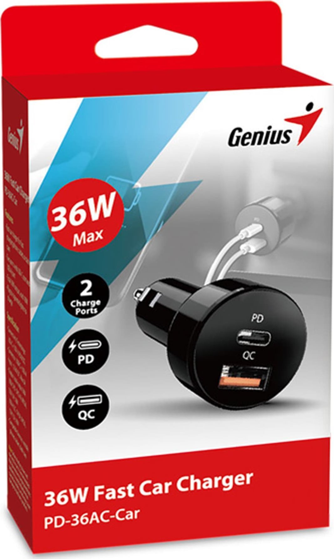 Karikues veture Genius PD-36AC-Car, 36W, USB-C dhe USB-A, i zi