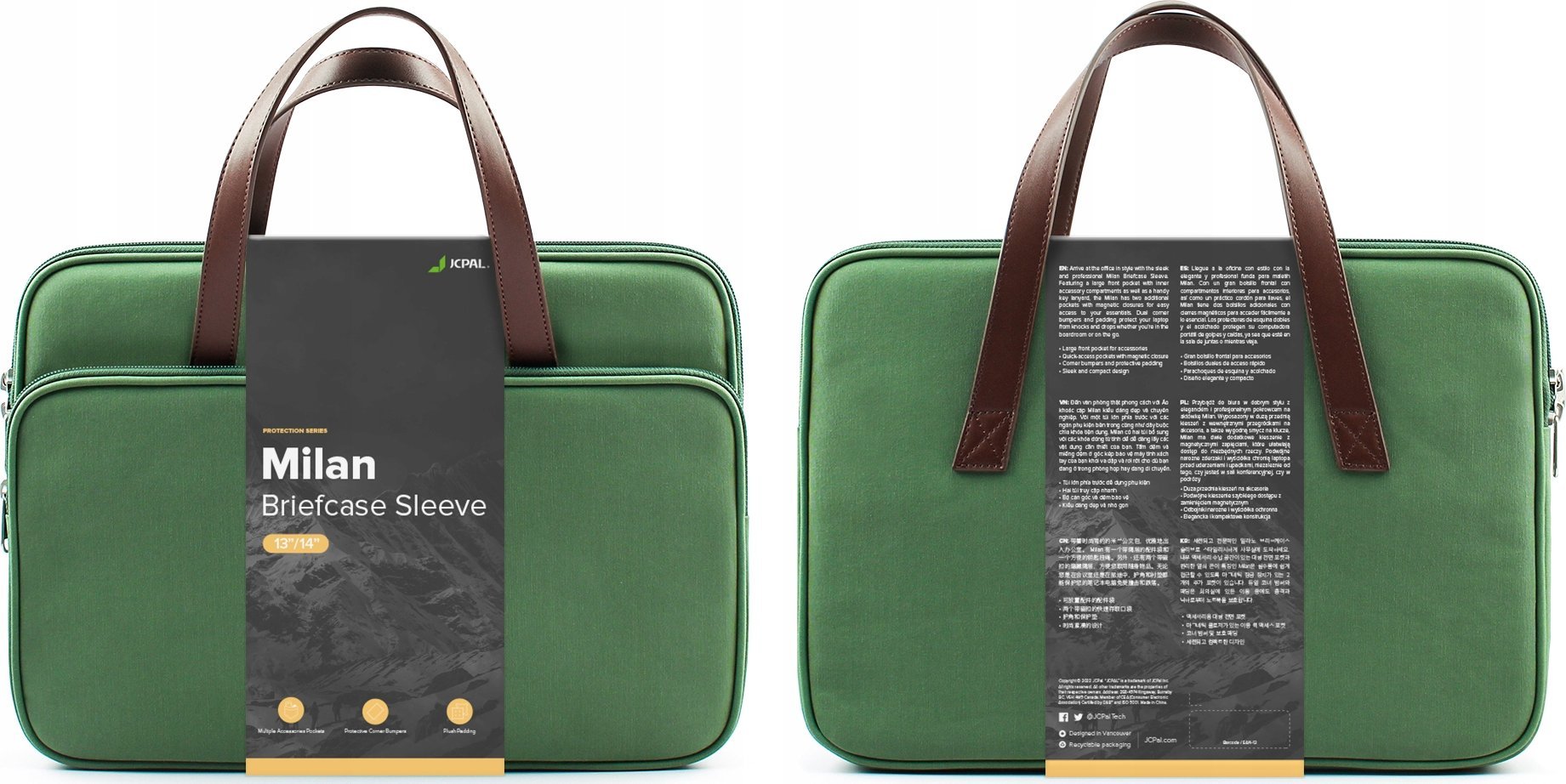 Çantë laptopi JCPal Milan Briefcase Sleeve, 13-14", rezistente ndaj ujit, ngjyrë ulliri