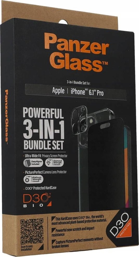 Set mbrojtës PanzerGlass Privacy 3 në 1 për iPhone 15 Pro, xham sigurie, kuti HardCase, i errët
