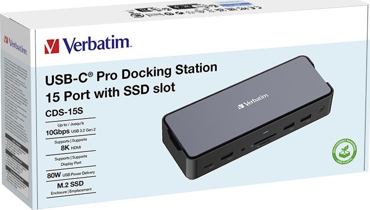 Doking stacion Verbatim CDS-15S, USB 3.2 Type C, 2x HDMI dhe DisplayPort, i zi gri