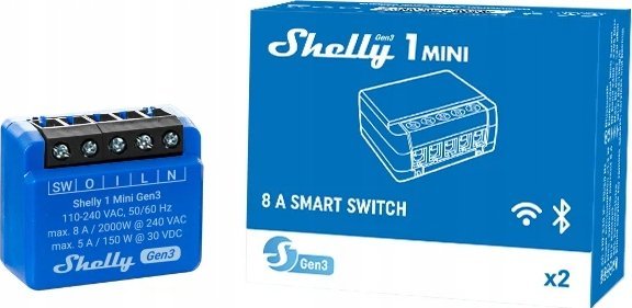 Rele inteligjente Shelly 1 Mini Gen 3, WiFi dhe Bluetooth, 1 kanal 8A, e bardhë