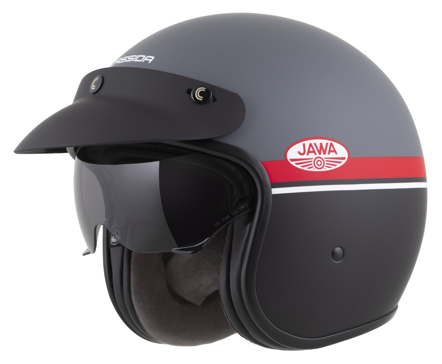 Helmetë moto CASSIDA Oxygen 2.0 Jawa OHC, e hapur, me diell të brendshëm, gri mat e kuqe e zezë e bardhë
