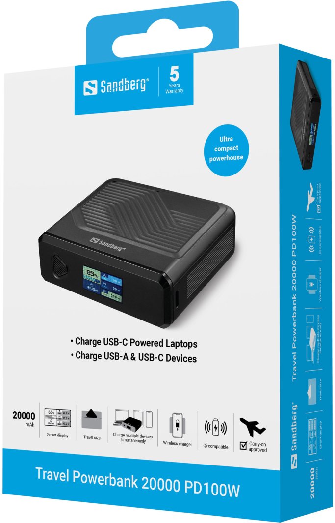 Powerbank Sandberg Travel PD100W, 20000 mAh, USB-C, i zi