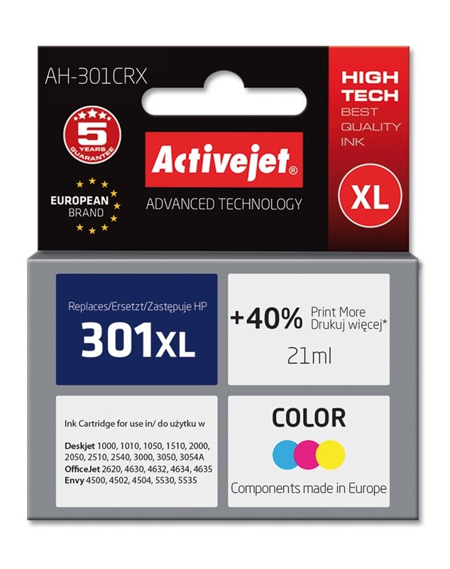 Ngjyrë për printer Activejet AH-301CRX (zëvendësim për HP 301XL CH564EE), 21 ml, e kaltër / vjollcë /  e verdhë