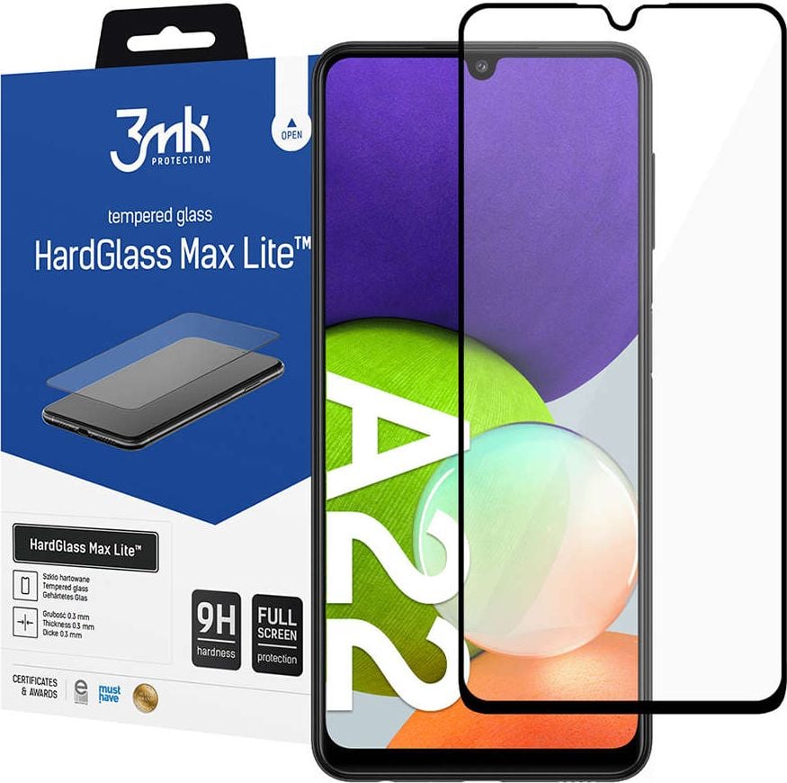 Xham mbrojtës 3MK HardGlass Max Lite për Samsung Galaxy A22 4G, 0.3mm, i zi