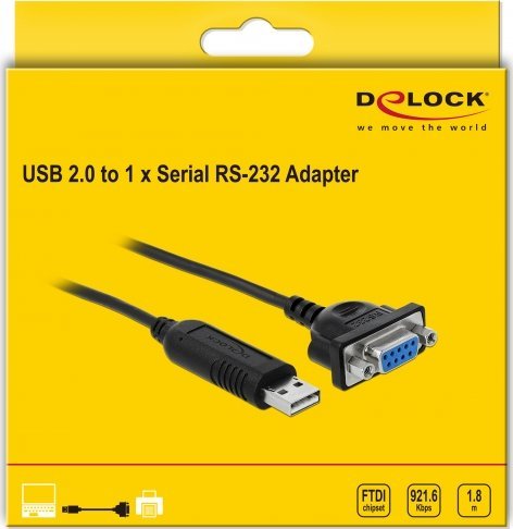 Kабел адаптер DeLOCK 66281, USB 2.0 Type A во RS-232, 1.8 m, црн