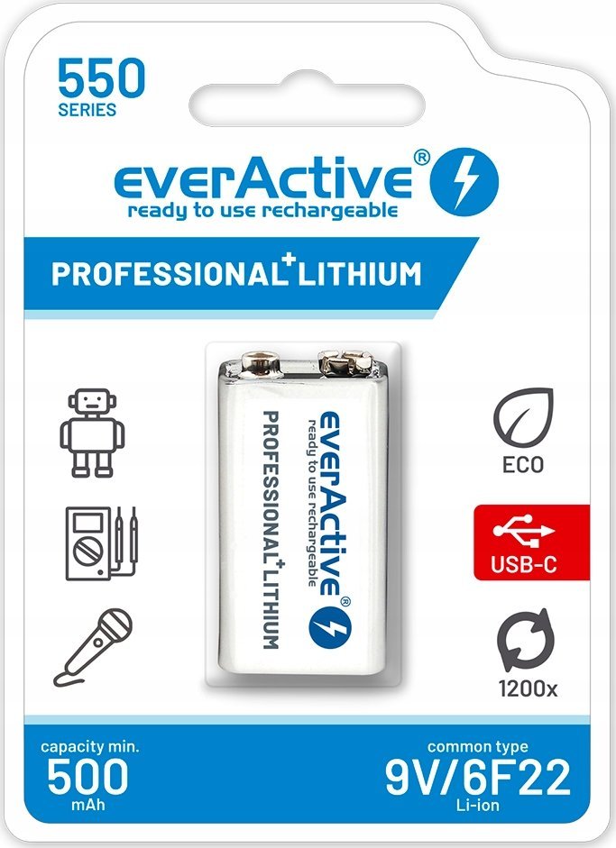 Bateri e rikarikueshme Everactive 9V 6F22, Li ion, 500mAh, 1 copë