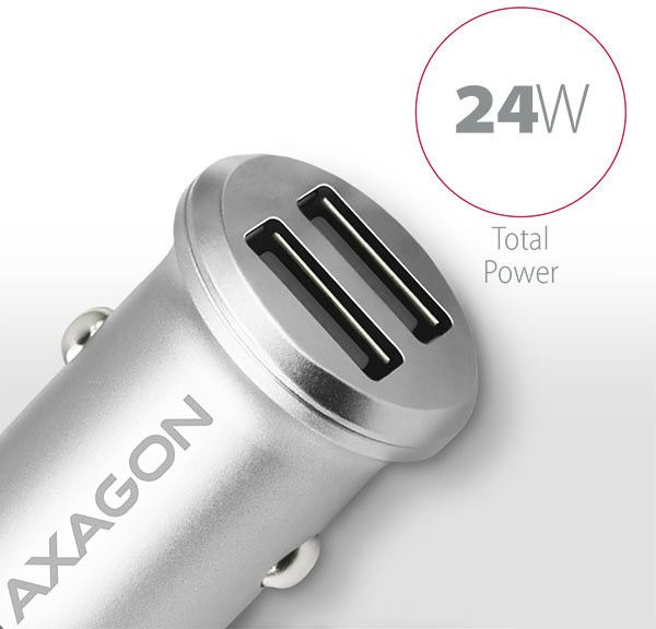 Karikues makine AXAGON mini SMART, 2x porte 5V-2.4A + 2.4A, 24W, i argjendtë      