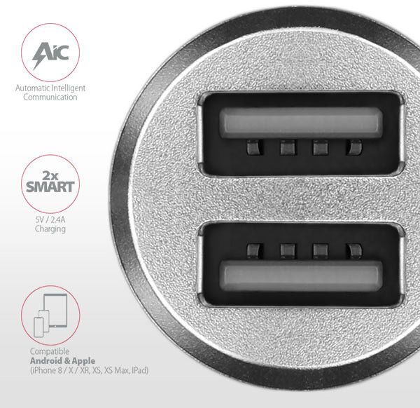 Karikues makine AXAGON mini SMART, 2x porte 5V-2.4A + 2.4A, 24W, i argjendtë      