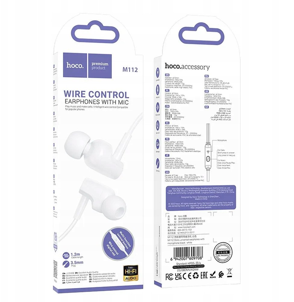 Kufje me kabllo Hoco M112, 3.5 mm, me mikrofon, të bardha