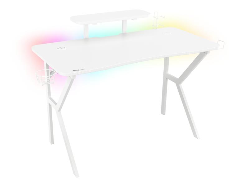Tavolinë gaming Genesis Holm 320 NDS-1802, 120x60cm, ndriçim RGB, 3x USB 3.0, karikues wireless, e bardhë