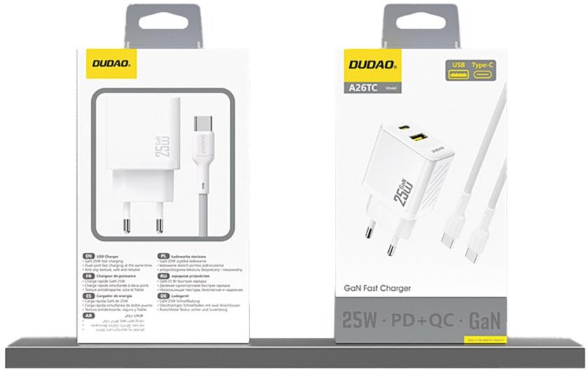 Karikues USB Dudao A26TEU GaN, 25W, 2 porta USB A dhe USB C, i bardhë