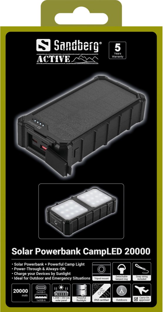 Power Bank Sandberg Solar CampLED, 20000 mAh, me panel diellor dhe llambë LED, i zi