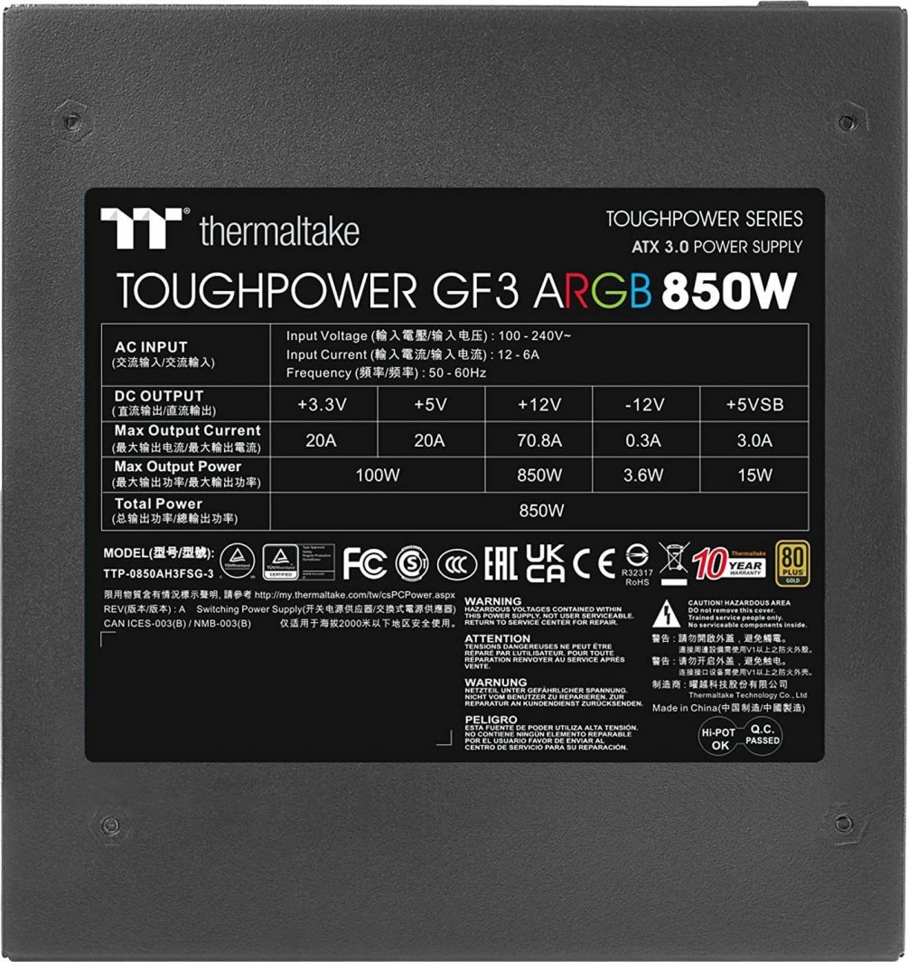 Burim energjie Thermaltake Toughpower GF3 ARGB PS-TPD-0850F4FAGE-1 ATX 3.0, 850W 3