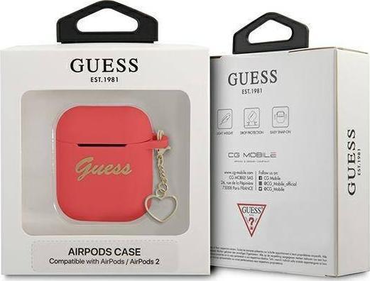 Силиконска футрола Guess Charm Heart за AirPods, со декоративен приврзок, црвена