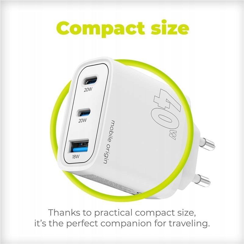 Karikues muri Mobile Origin MO13 GaN, 40W, 1x USB A 2x USB C, i bardhë