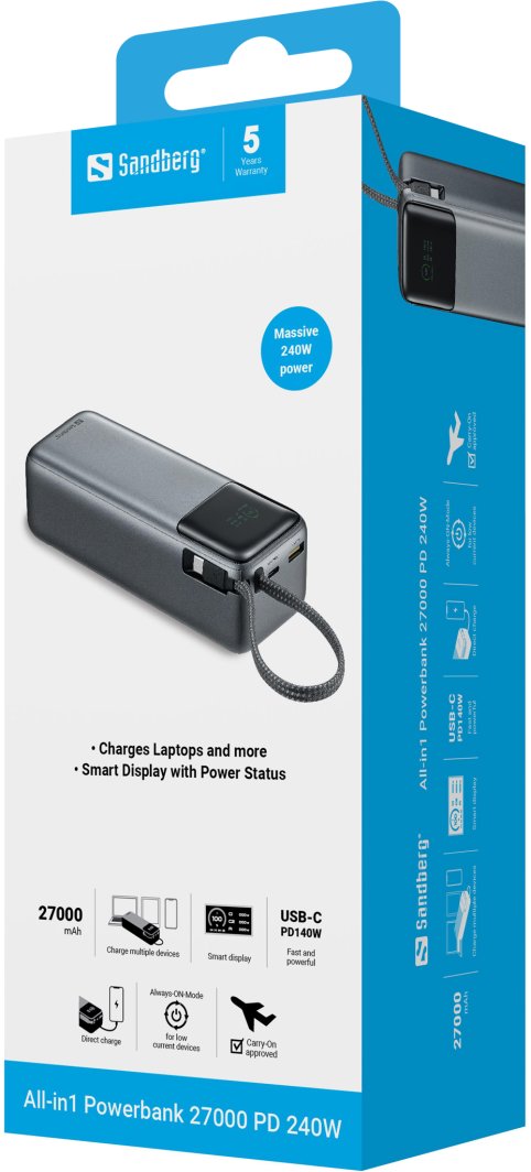 Powerbank Sandberg All-in1, 27000 mAh, 240W PD, USB-C, USB-A, i kaltër