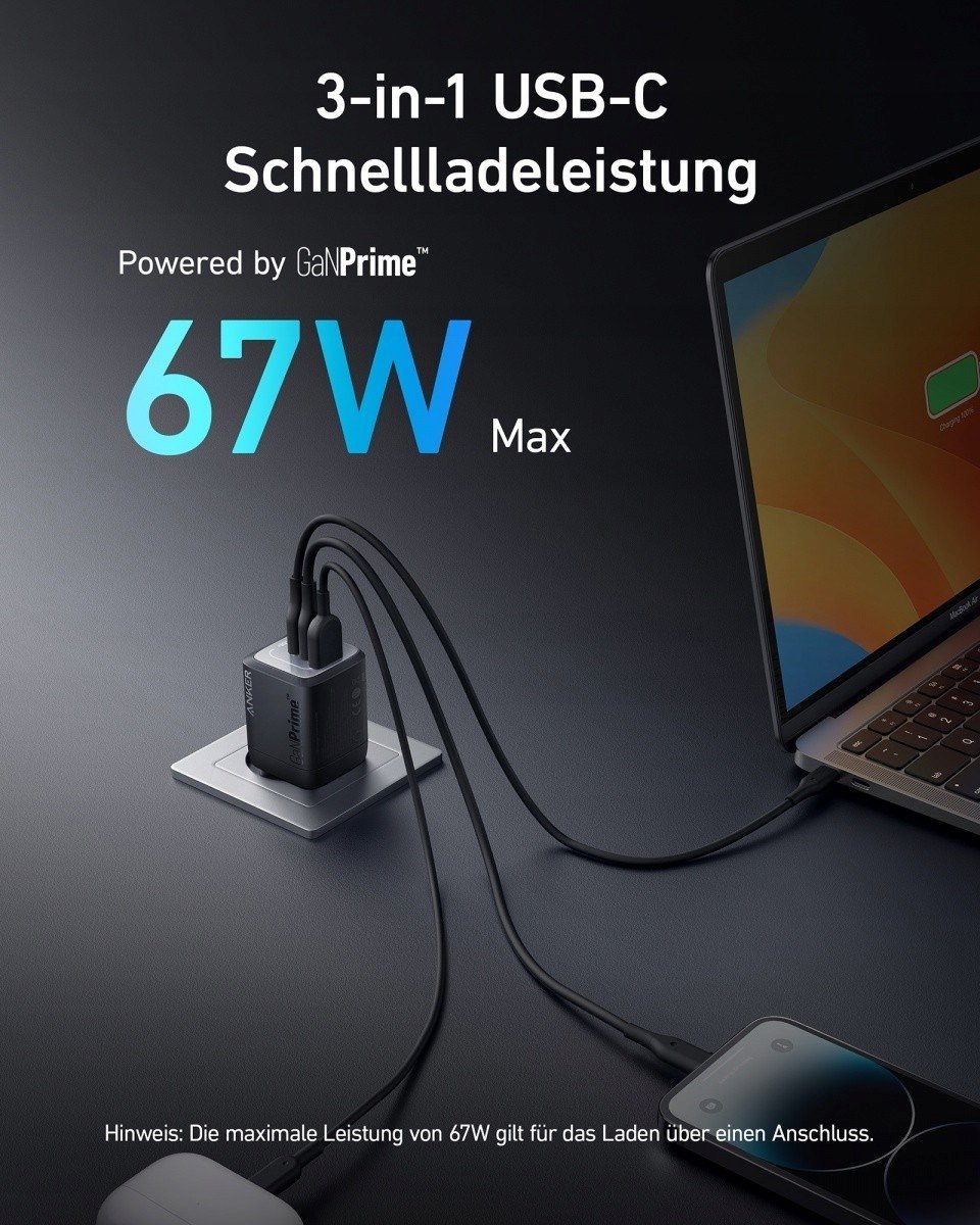 Karikues muri Anker Prime Universal, 2x USB C 1x USB, karikim i shpejtë, i zi