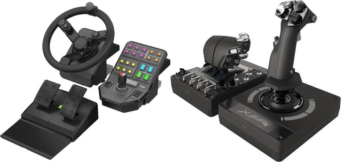 Set kontrolli lojërash Logitech G Saitek Farm Sim Steering Wheel 945-000062 dhe G X56 Hotas 945-000059, timon me pedale, joystick me throttle, i zi