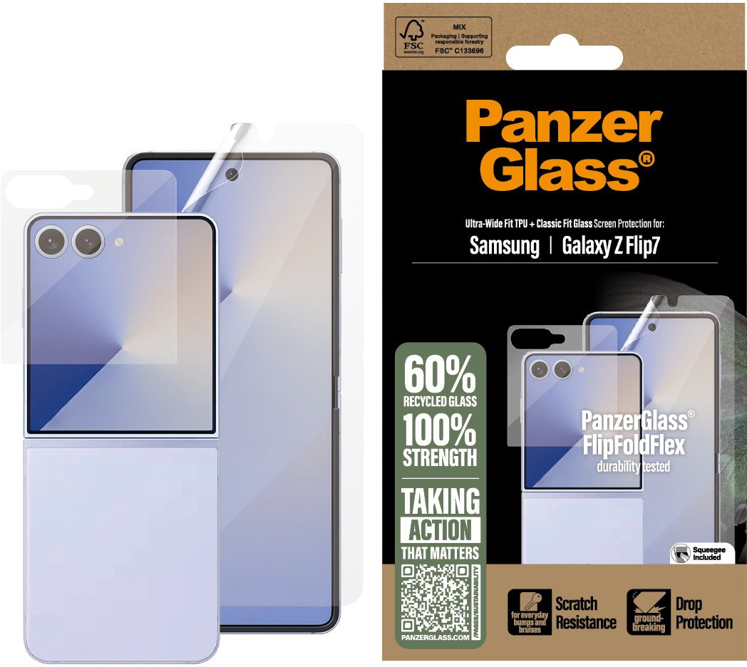 Mbrojtëse ekrani PanzerGlass Samsung Galaxy Z Flip7, xham dhe film, transparente