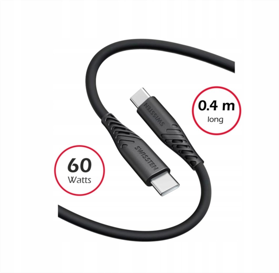 Kabllo USB Swissten Soft Silicone, USB C në USB C, 0.4m, 60W, e zezë