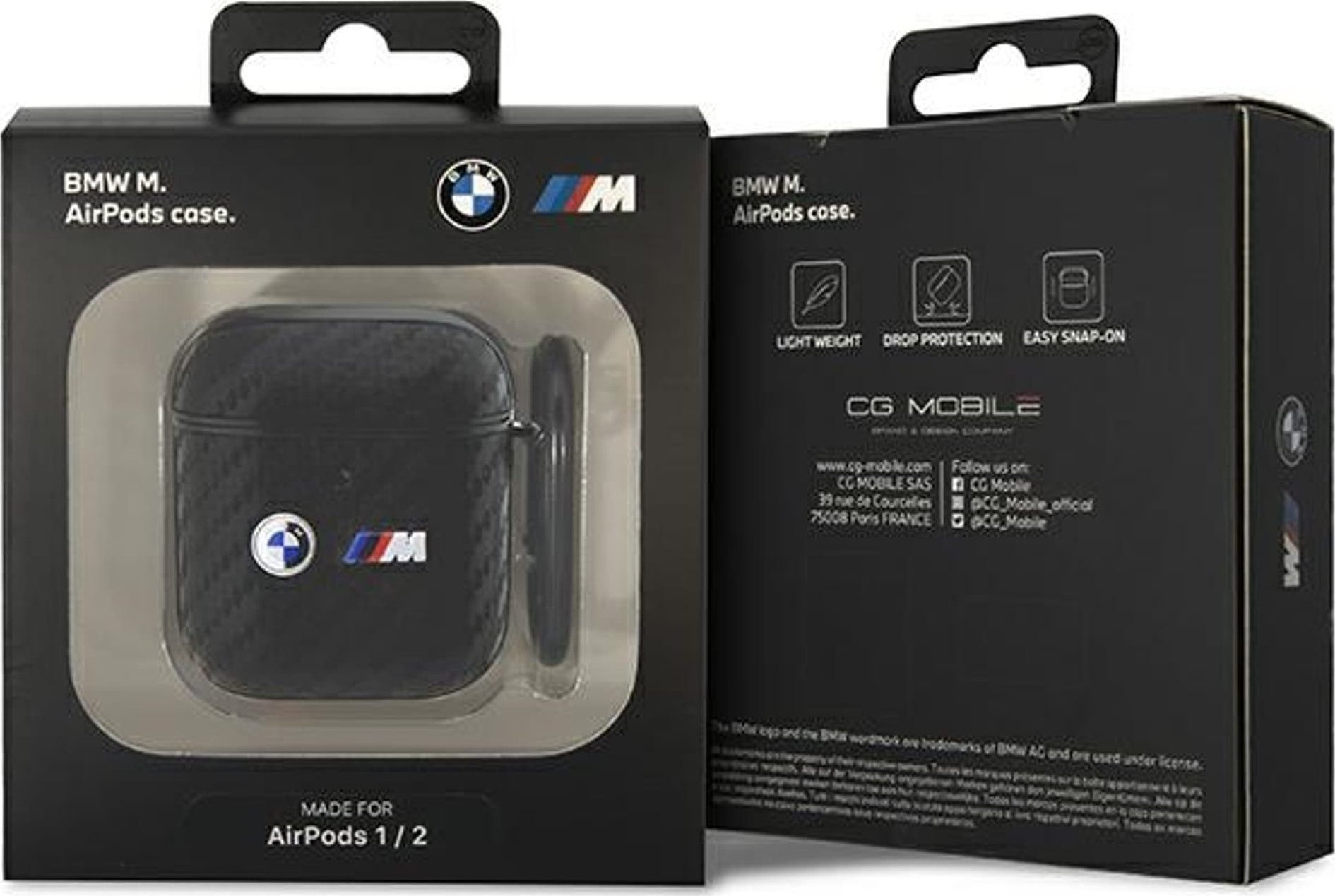 Mbulesë BMW për AirPods 1/2, Carbon Double Metal Logo, e zezë