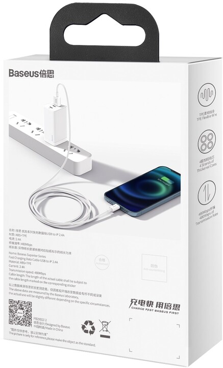 Kabllo BASEUS Superior Series USB-A - Lightning, 2.4A, 1m, e bardhë