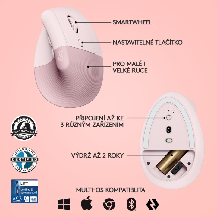 Maus wireless Logitech Lift, rozë