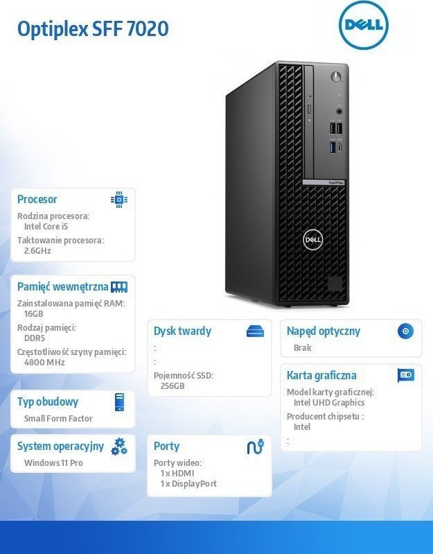 Kompjuter Dell OptiPlex 7020, Intel Core i5 i5-14500, 16GB DDR5-SDRAM, 256GB SSD, Windows 11 Pro, i zi
