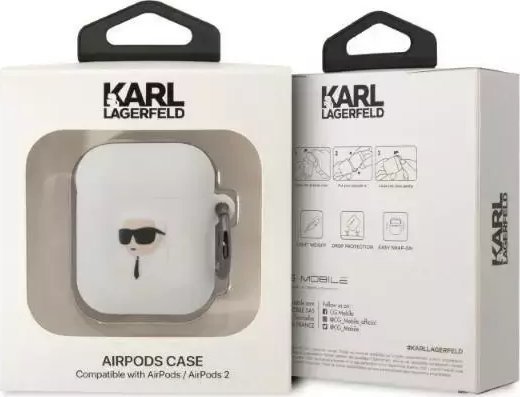 Mbulesë mbrojtëse Karl Lagerfeld për AirPods 1/2, silikon, dizajn 3D, e bardhë