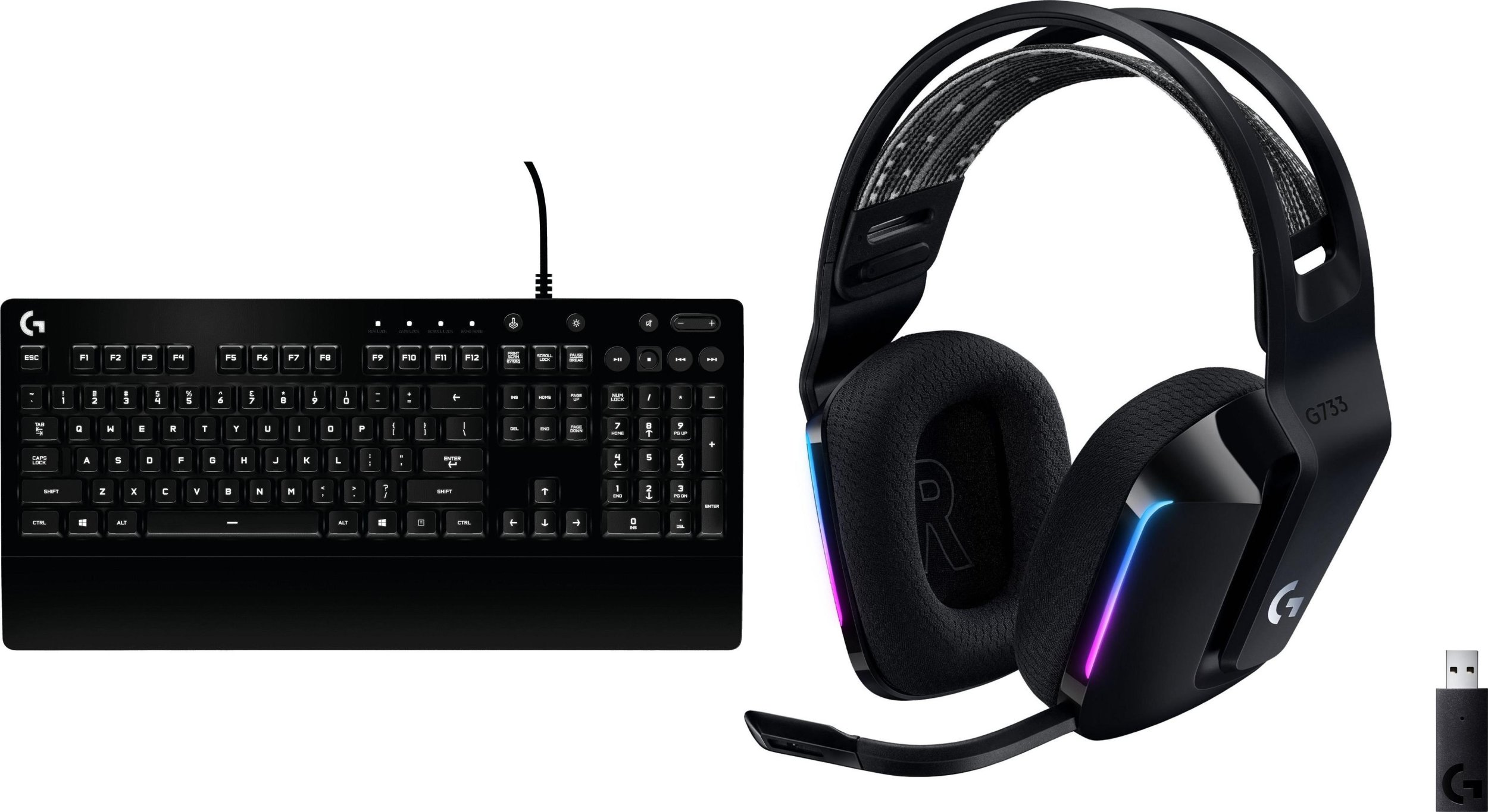 Set gaming Logitech G213 Prodigy dhe G733 Lightspeed, tastierë RGB, kufje wireless, i zi