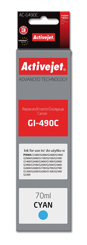 Ngjyrë për printer Activejet AC-G490C (zëvendësim për Canon GI-490C), 70 ml, e kaltër
