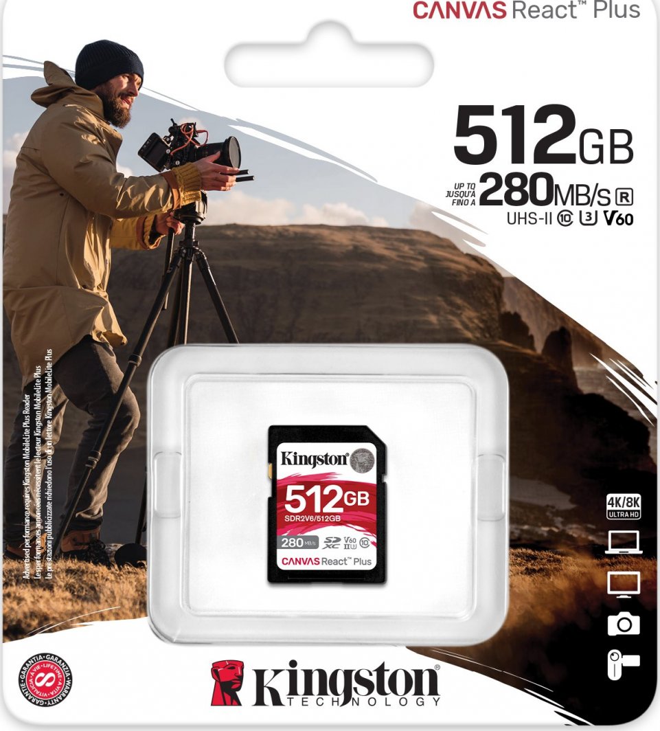 Kartë MicroSDXC Kingston Canvas React Plus (SDR2V6/512GB), 512 GB, Class 10, UHS-II/U3 V60