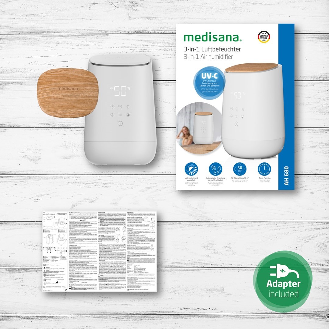 Lagështues ajri Medisana AH 680, 300 ml/orë, 30 m², i bardhë