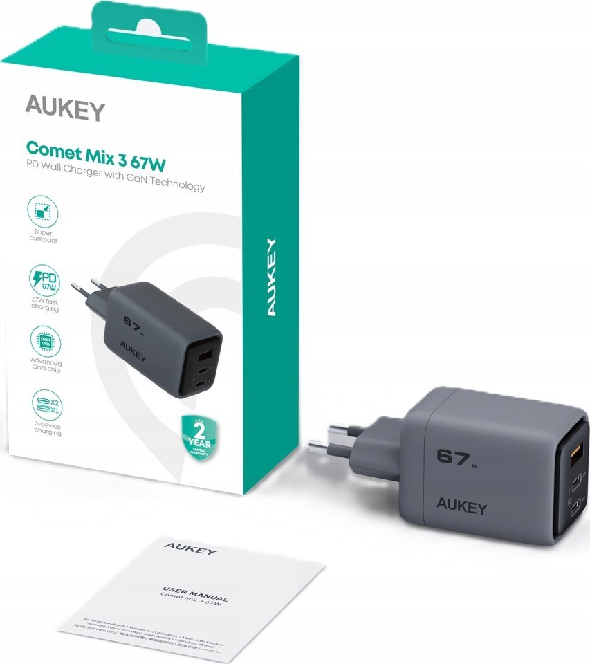 Karikues muri AUKEY PA-C3 Comet Mix 3, 67W, 3x USB, gri