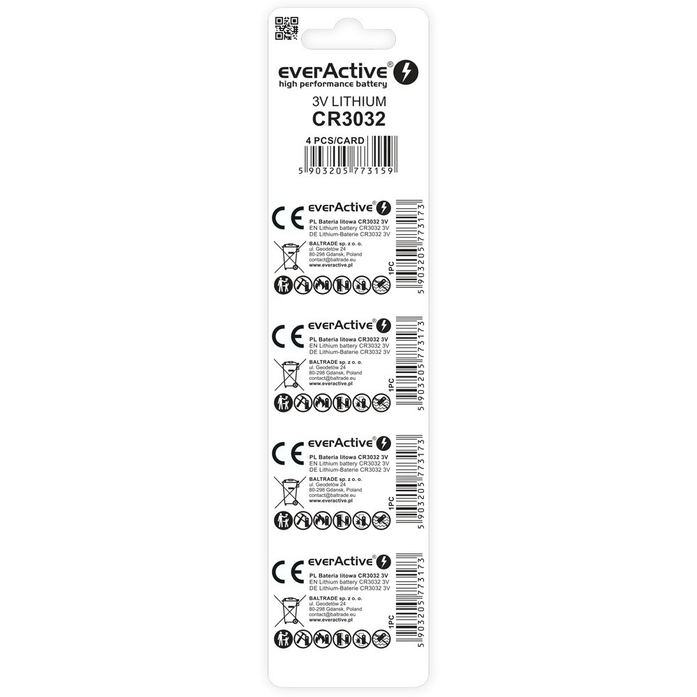 Bateri litium monedhë EverActive CR3032, 3V, 580mAh, 4 copë