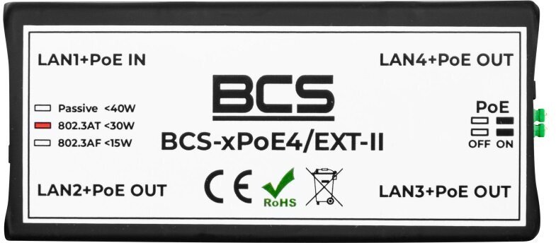 Проширювач на мрежа PoE BCS BCS-xPoE4/EXT-II, неуправуван, 4 порти, црн