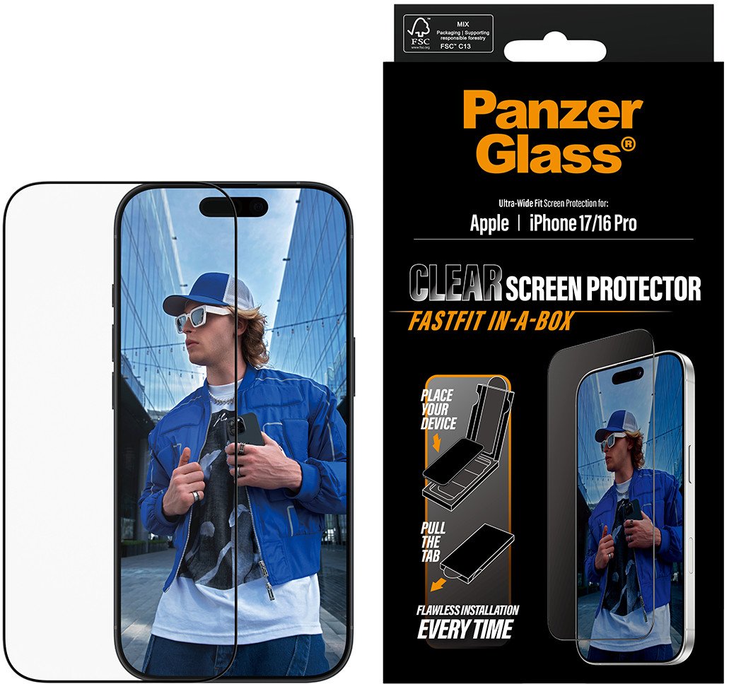 Mbrojtëse ekrani PanzerGlass për iPhone 17 dhe iPhone 16 Pro, Ultra Wide Fit, FASTFIT in a Box, transparente
