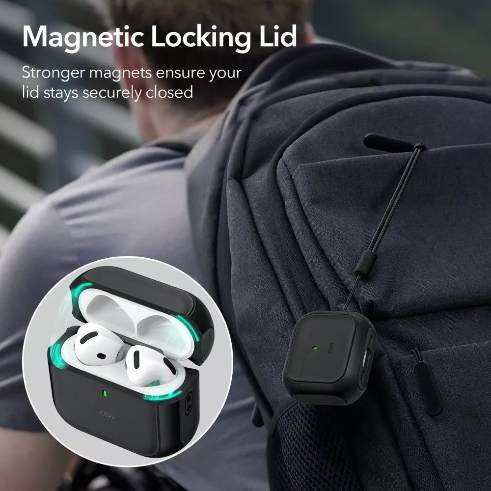 Обвивка ESR Orbit HaloLock MagSafe за Apple AirPods 4, со јажe, црна