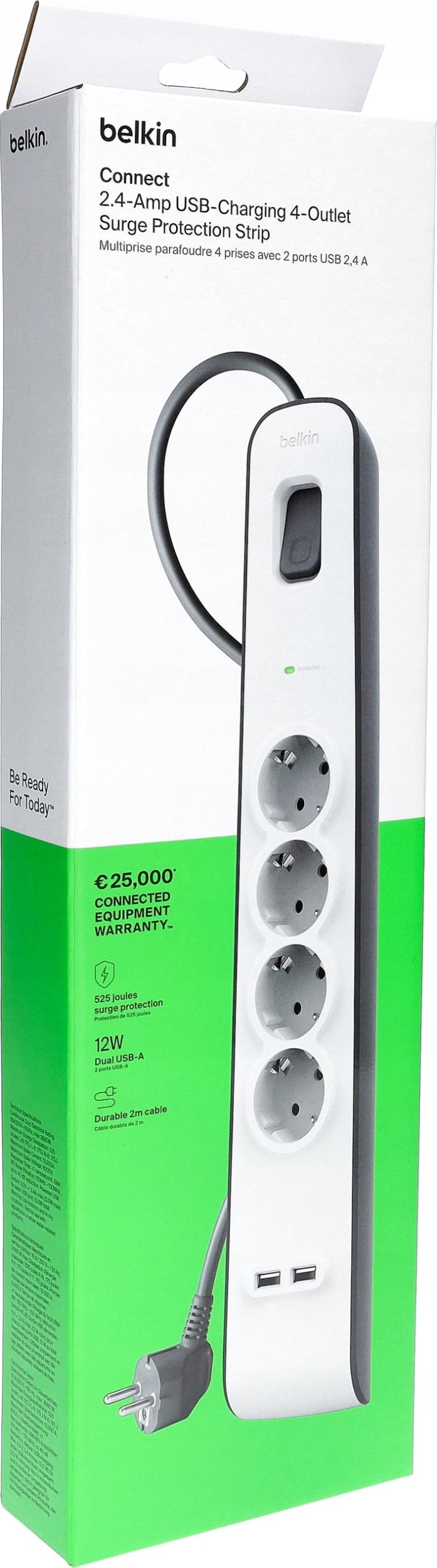 Prizëfiks Belkin Surge Protection, 4 dalje, USB, kabllo 2m, e bardhë