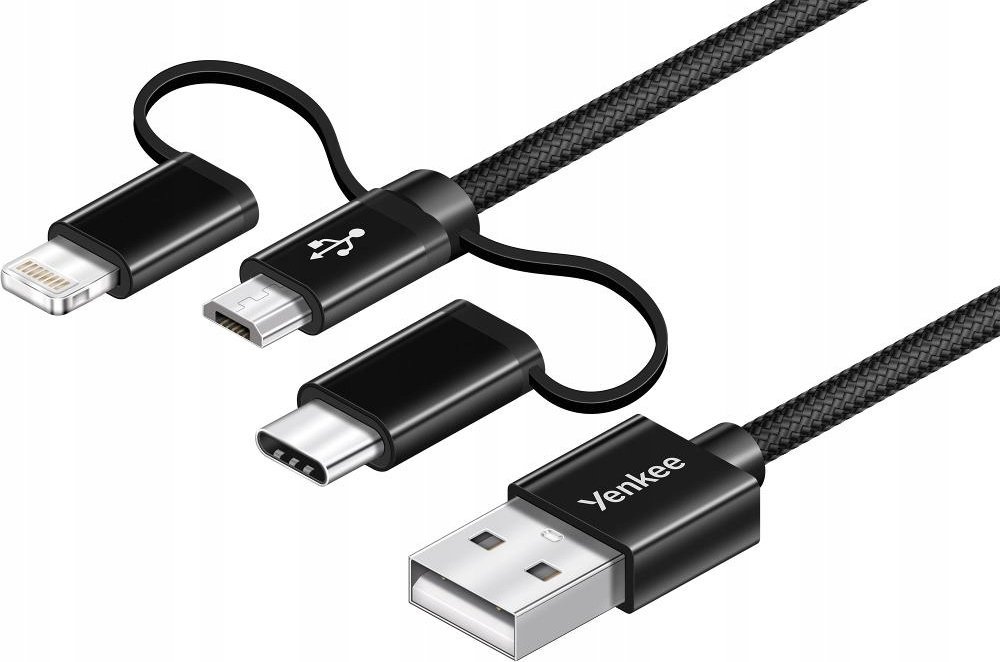 Kabllo USB A në USB C Micro USB Lightning 3 në 1, karikim i shpejtë, 3A, najlon, gri