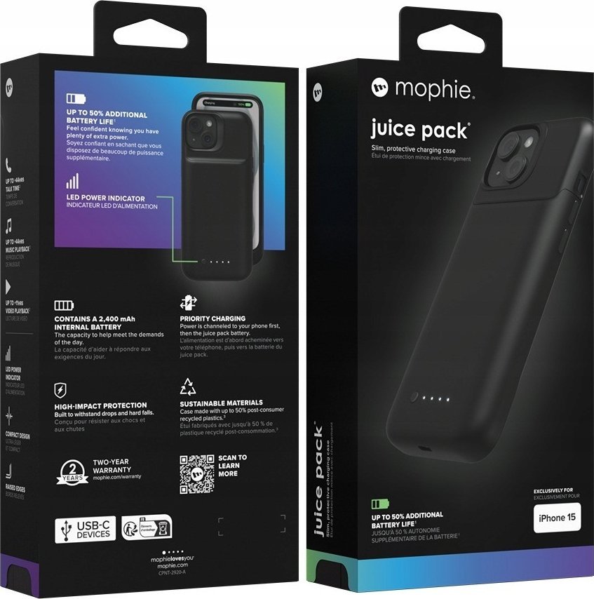 Kapak me bateri ZAGG Mophie Juice Pack, 2400mAh, për iPhone 15, i zi