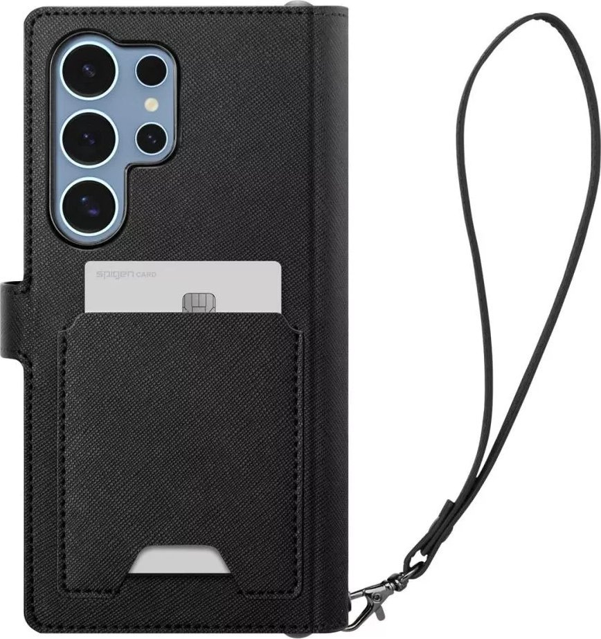 Kapak portofol Spigen Wallet S për Samsung Galaxy S25 Ultra, lëkurë, funksion stand, i zi