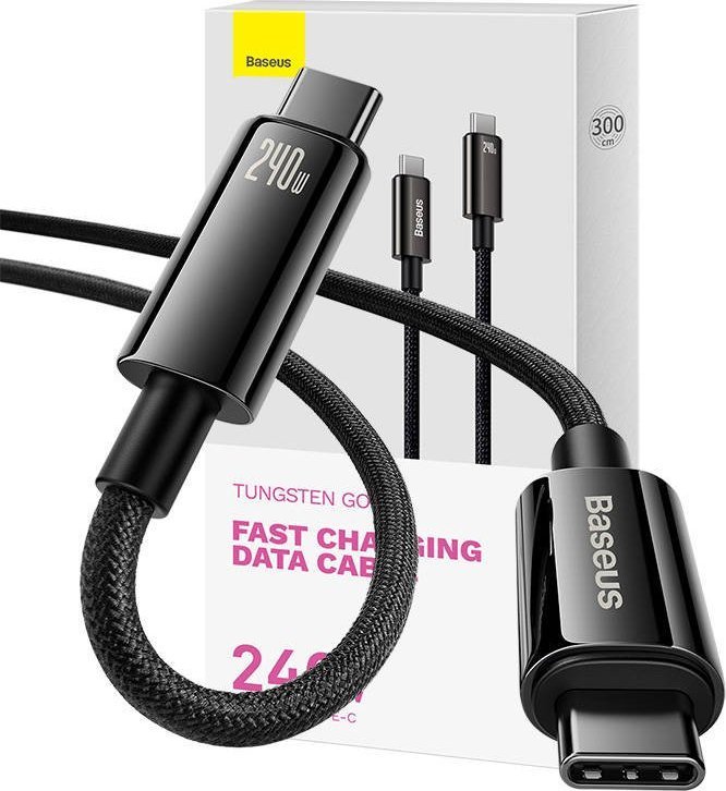 Kabllo USB Baseus Tungsten Gold CAWJ040201, USB C në USB C, 240W, 3 m, e zezë